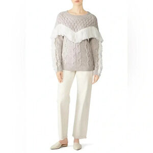 Amur Ulla Fringe Beige 100% Merino Wool Pullover Sweater Crew Neckline Womens